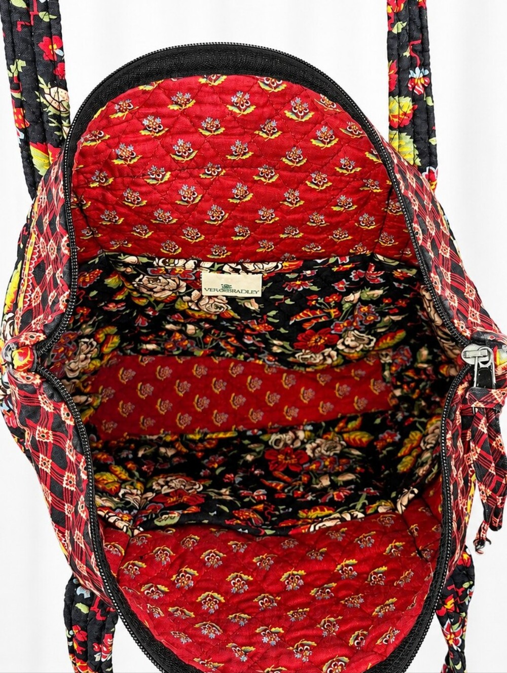 👜 Vera Bradley Black Red Floral Quilted Large Tote Shoulder Bag Vintage Style - Picture 5 of 5